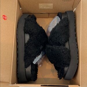 UGG Black Fuzz Sugar Cross Slide SZ 7.